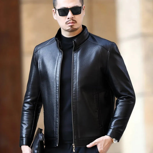 Natural Leather Jackets Men Stand Collar Business Casual Fur One-piece Mens  Soft SE Plush Liner Warm Jacket