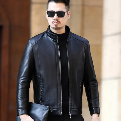 Natural Leather Jackets Men Stand Collar Business Casual Fur One-piece Mens  Soft SE Plush Liner Warm Jacket