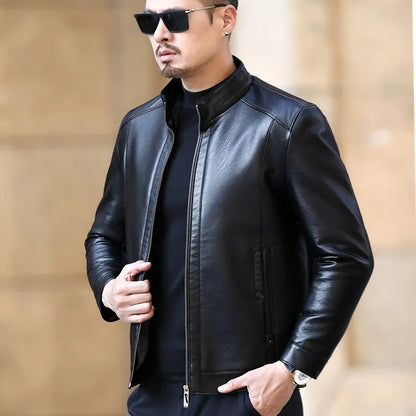 Natural Leather Jackets Men Stand Collar Business Casual Fur One-piece Mens  Soft SE Plush Liner Warm Jacket