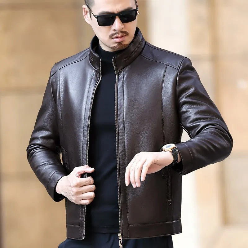 Natural Leather Jackets Men Stand Collar Business Casual Fur One-piece Mens  Soft SE Plush Liner Warm Jacket