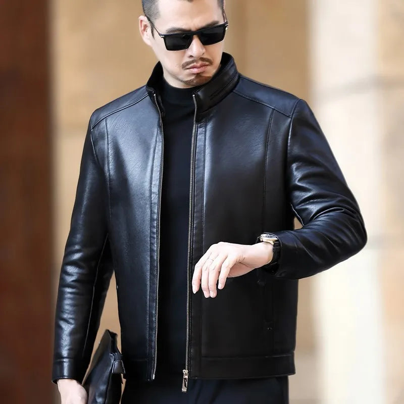 Natural Leather Jackets Men Stand Collar Business Casual Fur One-piece Mens  Soft SE Plush Liner Warm Jacket