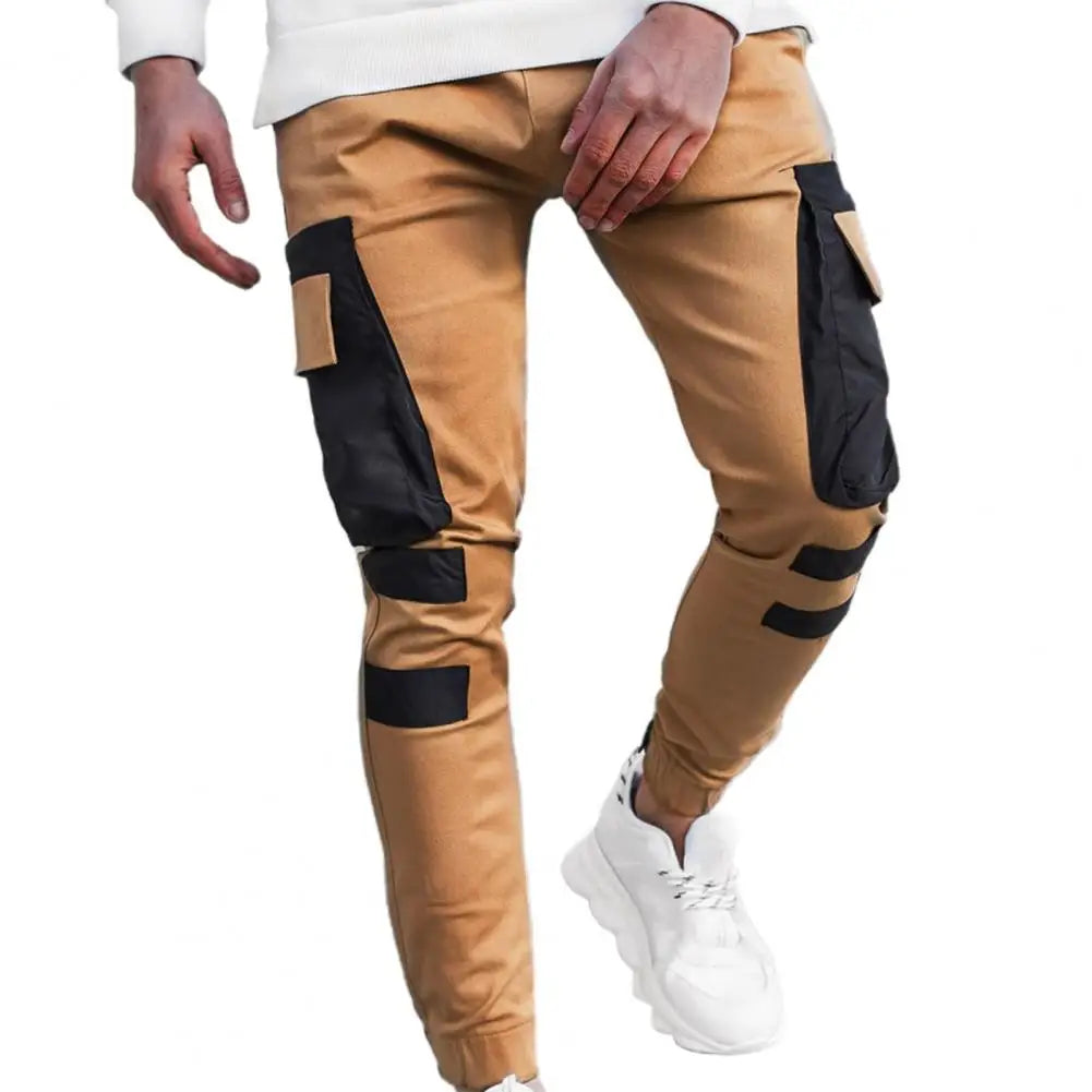 Winter Cargo Pants Men Large Side Pockets Fine Texture Contrast Color Splicing Sports Trousers Skinny Men Work Sweatpants