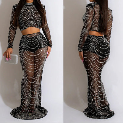 Womens 2pcs Set Dresses For Formal Occasions Criss-Cross Long Dress Rhinestone Long Sleeve Mesh Elegant Party Evening Dress HX12