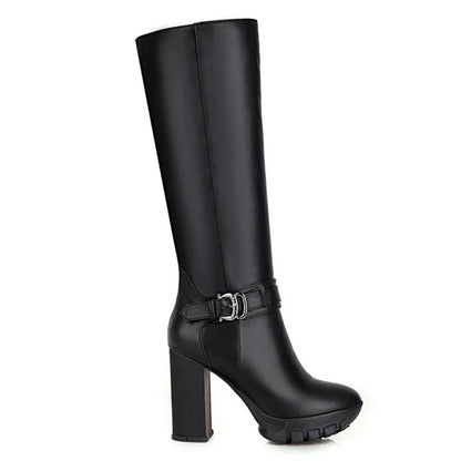 Black Women's Winter High Boots Sexy Heels Platform Knee High Boots Female Fashion Buckle Zipper Long Shoes Large Size 43