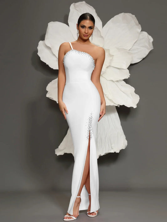 White Bandage Dress Luxury 2024 High Quality Bandage Dress Off-shoulder Hip-hugging Hem Slit Evening Dress Formal Prom Dress