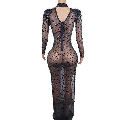 Luxury Sexy See Through Cocktail Gowns Sparkly Black Crystals Diamond African Women Long Prom Dresses for Birthday Party Cuican