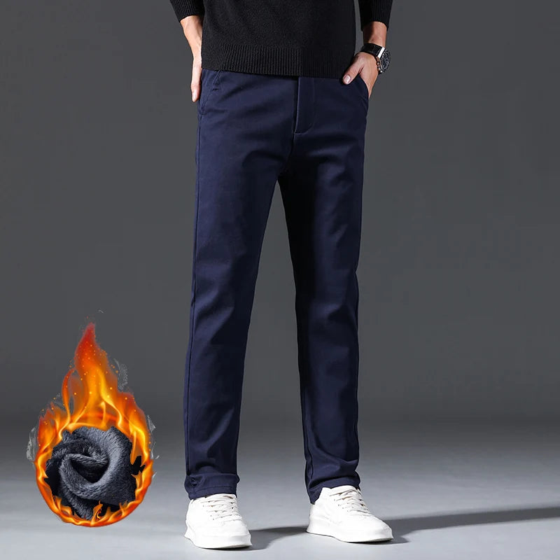 Men Winter Thermal Pants Snow Warm Plush Straight Leg Loose Dad Casual Pants Thicken Fleece Long Korean Business Blue Trousers