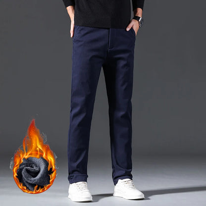 Men Winter Thermal Pants Snow Warm Plush Straight Leg Loose Dad Casual Pants Thicken Fleece Long Korean Business Blue Trousers