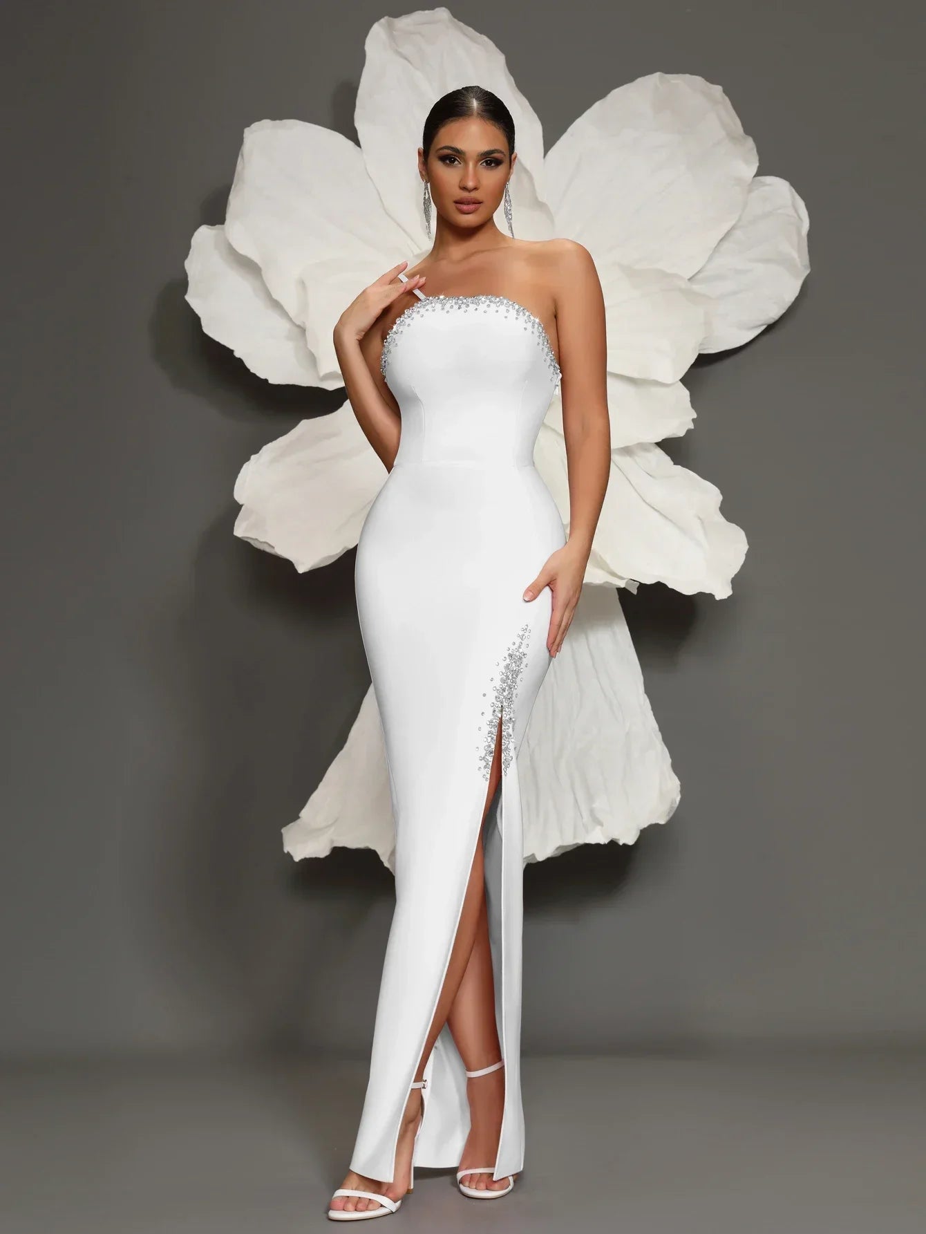 White Bandage Dress Luxury 2024 High Quality Bandage Dress Off-shoulder Hip-hugging Hem Slit Evening Dress Formal Prom Dress