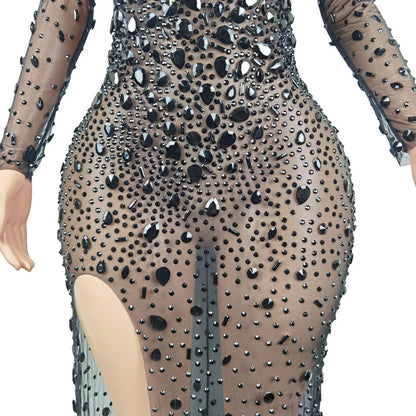 Luxury Sexy See Through Cocktail Gowns Sparkly Black Crystals Diamond African Women Long Prom Dresses for Birthday Party Cuican