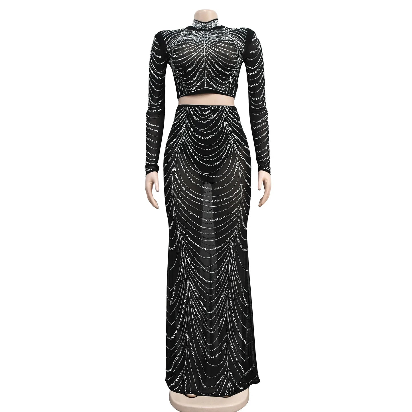 Womens 2pcs Set Dresses For Formal Occasions Criss-Cross Long Dress Rhinestone Long Sleeve Mesh Elegant Party Evening Dress HX12