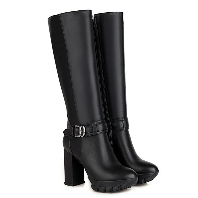 Black Women's Winter High Boots Sexy Heels Platform Knee High Boots Female Fashion Buckle Zipper Long Shoes Large Size 43