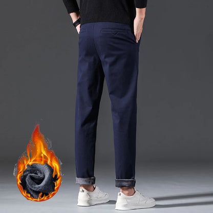 Men Winter Thermal Pants Snow Warm Plush Straight Leg Loose Dad Casual Pants Thicken Fleece Long Korean Business Blue Trousers