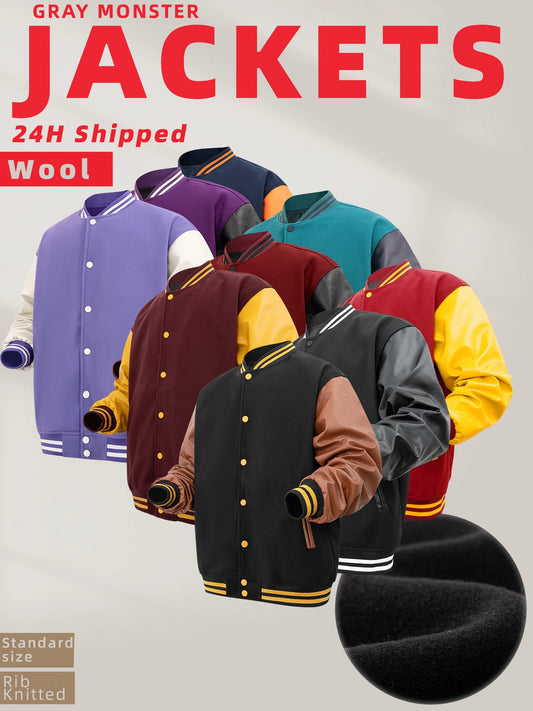 Men's Patches Bomber Jacket Color Block Varsity Baseball Outerwear Casual Loose Spring and Autumn Comfy Unisex Coats 24H shipped