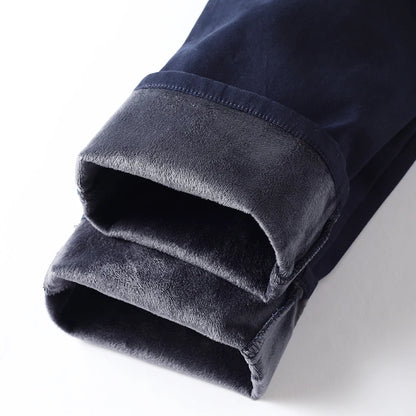 Men Winter Thermal Pants Snow Warm Plush Straight Leg Loose Dad Casual Pants Thicken Fleece Long Korean Business Blue Trousers