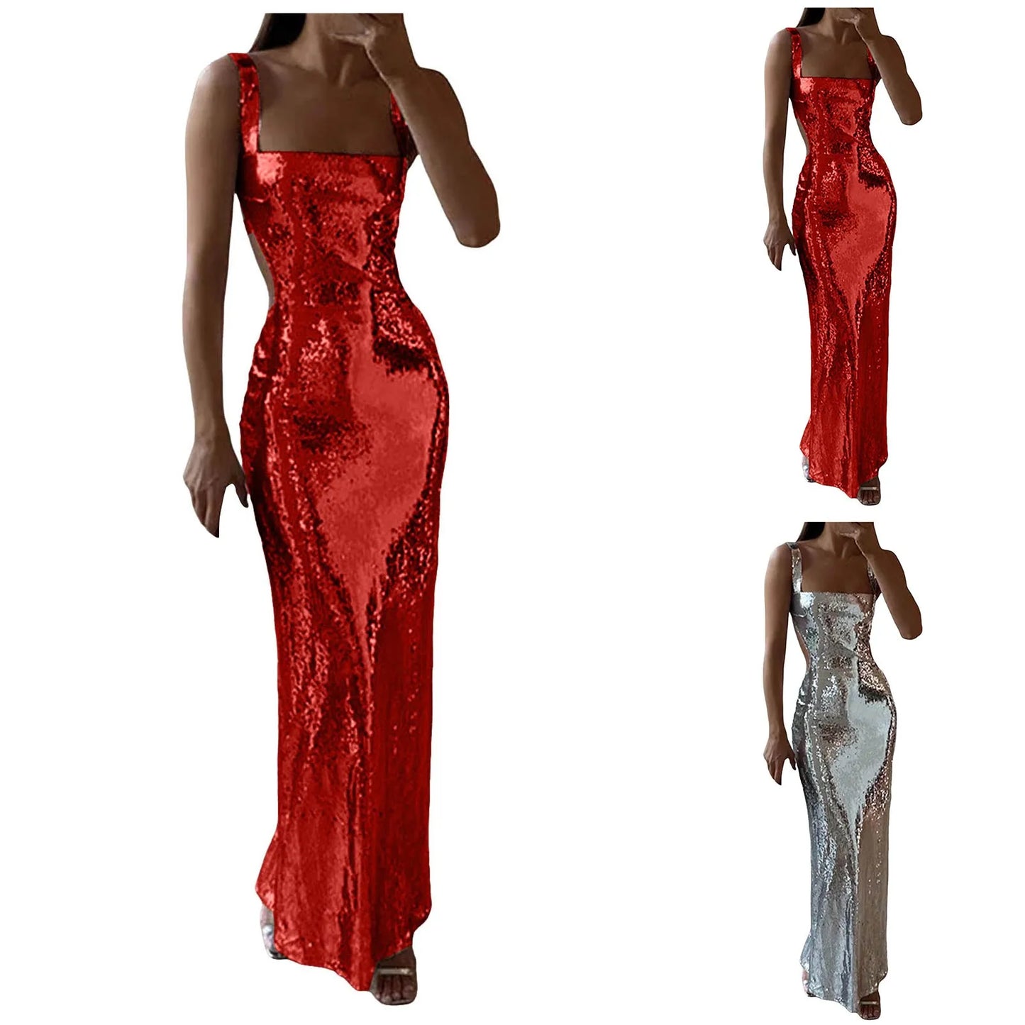 2024 Summer Elegance Versatile and Sexy Square Neck Solid Color Sequin Sling Long Dress for Women Evening Dresses Woman Elegant