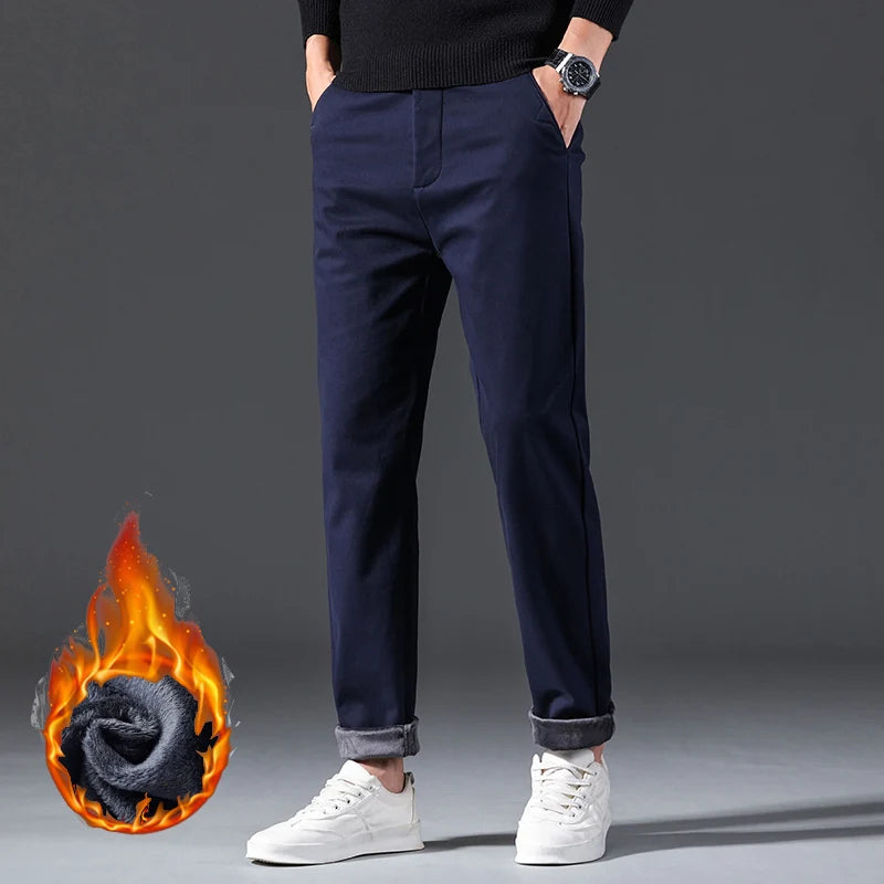 Men Winter Thermal Pants Snow Warm Plush Straight Leg Loose Dad Casual Pants Thicken Fleece Long Korean Business Blue Trousers